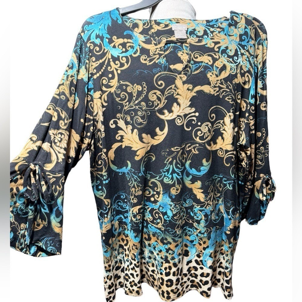 Chicos Blouse Womens 2 Large Mixed Print Baroque Leopard 3/4 Sleeve Tie Cuff Top